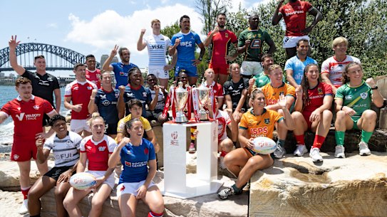 Men’s and women’s captains of all the Sydney Sevens teams at Barangaroo.