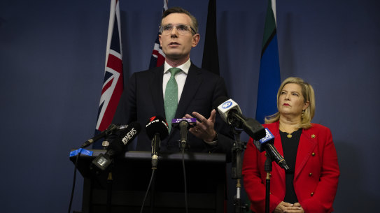 Premier Dominic Perrottet and Minister for Women Bronnie Taylor addressing the media after the release of the Broderick review on Friday.