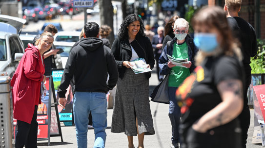 Greens leader Samantha Ratnam at an early voting booth on Friday.