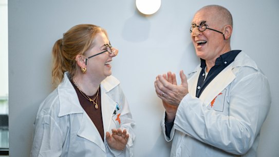 Meg Shaw and Geoff Paine prepare for the Laughter Lab