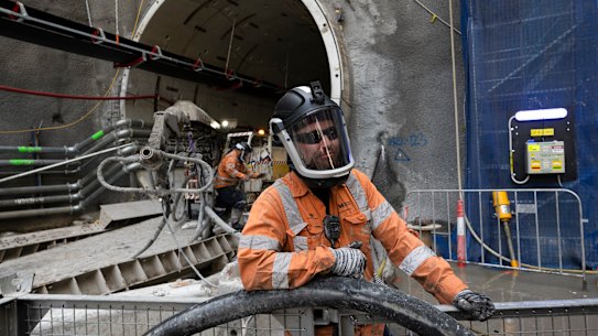 Contractors work on the new airport metro line.