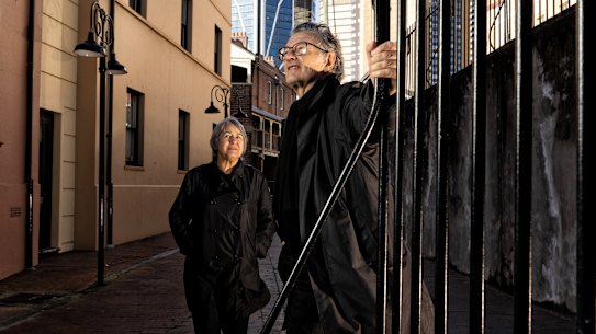 Visiting French architects Anne Lacaton and Jean-Phillipe Vassal in the Rocks in Sydney. 
Winners of the Pritzker Prize in 2021, the world’s most influential prize, hey are here to talk at workshops on public housing at Sydney University as part of the Rothwell Chair symposium on affordable housing. 