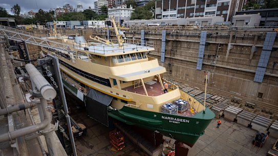 The Narrabeen ferry is nearing the end of its time in for maintenance in the dry dock at HMAS Kuttabul. 