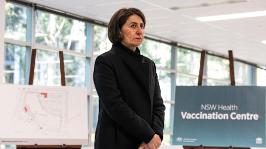 Premier Gladys Berejiklian pictured following a tour of the mass vaccination centre at Sydney Olympic Park.