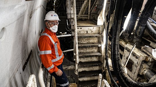 Senior project manager Daniel Boylan on part of a 180-metre-long tunnel boring machine beneath Rosehill.