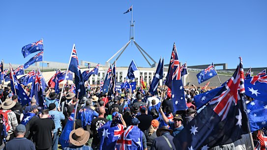 Protesters during the March for Australia anti-immigration rally outside Parliament House in Canberra.