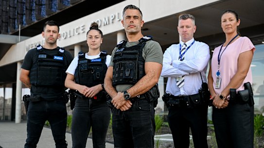 Operation Alliance targets knife crime. From left: Detective Acting Sergeant Brendan Bennett, First Constable Mel Newman, Acting Detective Sergeant Robert Luri, Detective Acting Sergeant Magnus Vaisnys and Acting Detective Sergeant Leah Marriner outside the Werribee Police complex.
