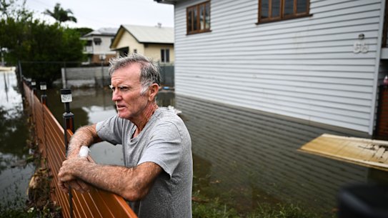 Merv Birt outside his flooded home in Tingalpa on Brisbane’s Eastside, as a result of heavy rains from ex-tropical cyclone Alfred, on March 10, 2025.