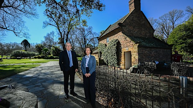 Fred and Alex Grimwade at Cooks’ Cottage in the Fitzroy Gardens. Fred is a descendant of Russell Grimwade who donated the cottage. 