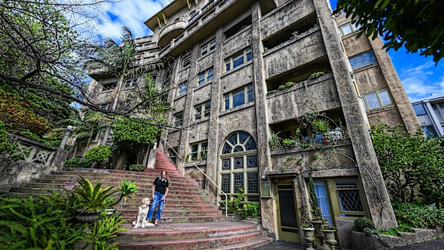 Heather Nette King with her dog, Sunday, out front of Beverley Hills.