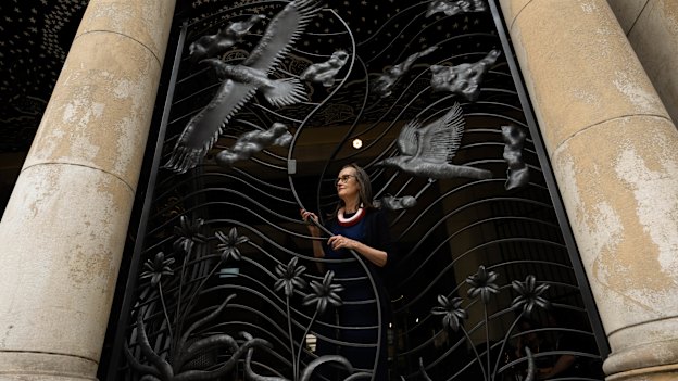 Public arts consultant Barbara Flynn with work by artist Badger Bates at Yirranma Place in Darlinghurst.