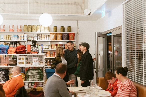 The dining room of Mortadeli Pasta Bar doubles as a deli.