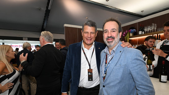 Former premier Steve Bracks and Grand Prix chair Martin Pakula at the race on Sunday.