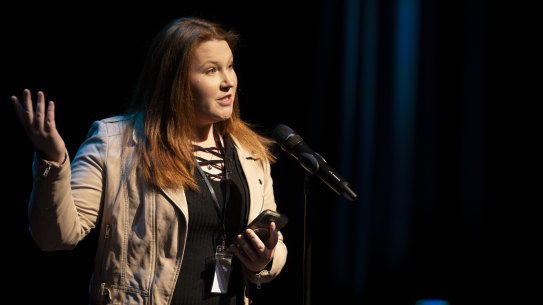 Maddison Newman recites poetry at the Joan Sutherland Performing Arts Centre in Penrith. 