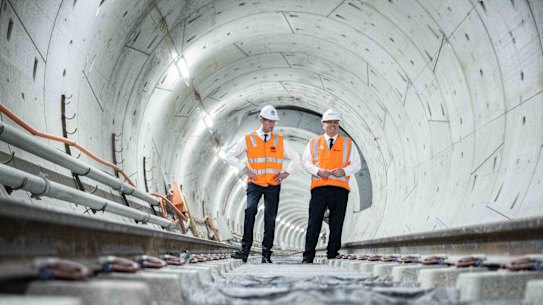 Premier Dominic Perrottet and Transport Minister David Elliott tour one of the metro rail tunnels under Central Station in February.