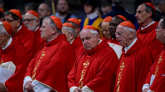 ROME, ITALY - APRIL 30: French cardinal Jean-Marc Aveline attends the fifth Novemdiales mass held for the late Pope Francis in St. Peters Basilica, on April 30, 2025 in Rome, Italy. Funeral rites for the late Pope Francis are held for nine days after his burial as he is mourned and celebrated by the faithful. During this time, the Vatican prepares for the process to elect a new Pope, known as the Conclave, which must begin within 15 to 20 days of the Pope’s death. (Photo by Antonio Masiello/Getty Images)