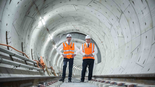 Premier Dominic Perrottet and Transport Minister David Elliott inspect the Sydney Metro City tunnels.