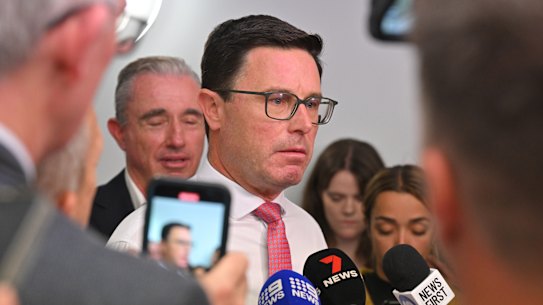Nationals leader David Littleproud speaks to journalists in the press gallery at Parliament House.
