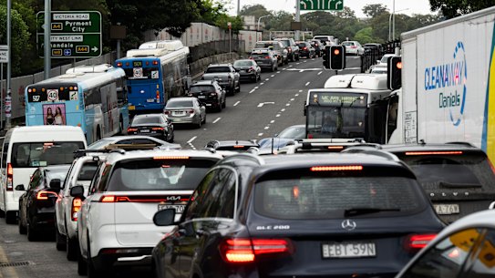 Traffic at the Rozelle Interchange on its second day of operation.