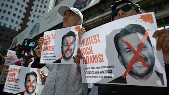 Malaysian protesters held banners during a demonstration against US ambassador-designate Nick Adams outside the US embassy in Kuala Lumpur last week.