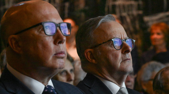 Opposition Leader Peter Dutton 
and Prime Minister of Australia, Anthony Albanese at reopening of the Melbourne Holocaust Museum.