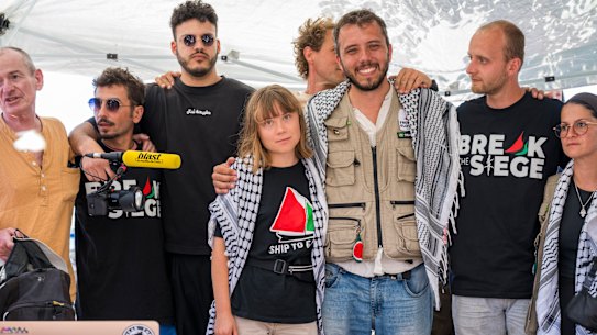 Thunberg with part of the crew of the boat Madleen, shortly before their departure for Gaza.