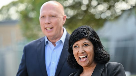 Opposition Leader Peter Dutton campaigning in the seat of Aston with Liberal candidate Roshena Campbell on Wednesday.