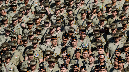 Soldiers from the Australian Army 4th Brigade 2nd Division attend Anzac Day at Melbourne’s Shrine of Remembrance.