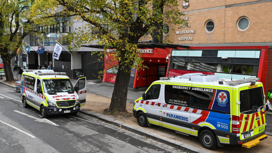 Ambulances parked outside the Royal Melbourne Hospital emergency department on Friday