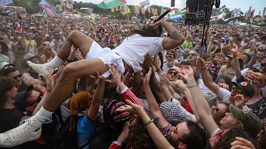 Bobby Vylan of Bob Vylan crowdsurfing at Glastonbury, where the offensive chant was heard.