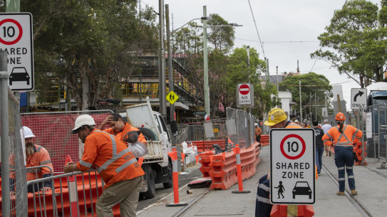 A section of the light rail construction works on Devonshire Street in Surry Hills. 