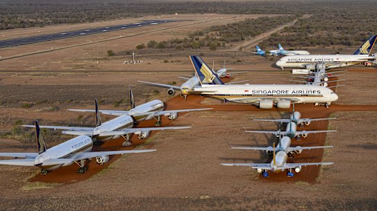 Grounded aeroplanes in the desert near Alice Springs. 