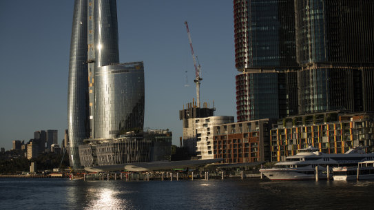 Crown's 71-storey casino tower dominates the Barangaroo skyline. 