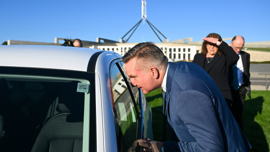 Look, no fuel emissions. Chris Bowen at Wednesday’s announcement of the government’s National Electric Vehicle Strategy in Canberra.