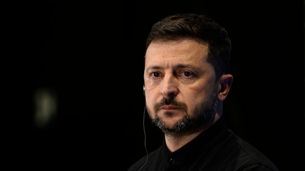 Volodymyr Zelensky addresses the media in Italy earlier this month.