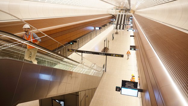 The space-age like Victoria Cross  station beneath North Sydney is the deepest on the new rail line.