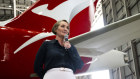 Qantas chief executive Vanessa Hudson at the airline’s half-year results in February. She has been meeting with investors since that time.