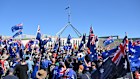 Protesters during the March for Australia anti-immigration rally outside Parliament House in Canberra.