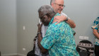 Solomon Islands Prime Minister Manasseh Sogavare greets Anthony Albanese at the Pacific Islands Forum in Fiji.