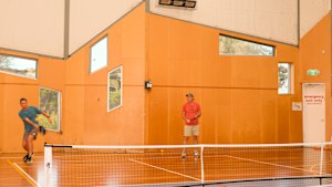 Paul Cleary (former Olympian), Nathan L’Huillier (former squash player) playing pickleball at the Sorrento Community Centre.