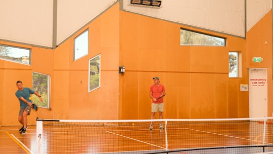 Paul Cleary (former Olympian), Nathan L’Huillier (former squash player) playing pickleball at the Sorrento Community Centre.