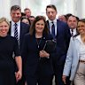 The anti-net zero bloc: Senator Jessica Collins, opposition minister for defence Angus Taylor, Senator Sarah Henderson, member for Canning Andrew Hastie and Senator Jacinta Nampijinpa Price with other Liberal MPs and senators arrive for their party room showdown on Wednesday.