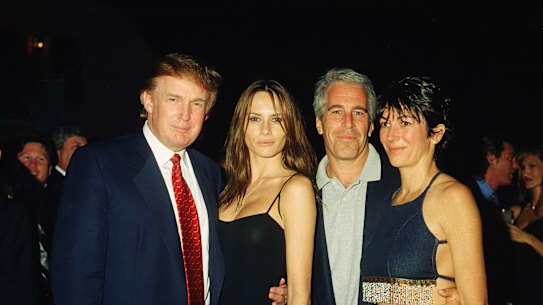 Donald Trump and his girlfriend (and future wife), Melania Knauss, with Jeffrey Epstein and Ghislaine Maxwell at Mar-a-Lago in 2000.