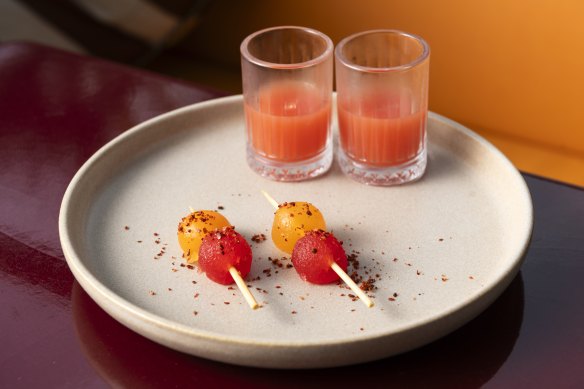 Rockmelon and watermelon brocheta with house-made Tajin, fresh juice sangrita and tequila.