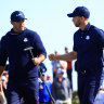 Brooks Koepka of team United States (L) and Daniel Berger of team United States celebrate on the 14th green during Saturday Morning Foursome Matches of the 43rd Ryder Cup at Whistling Straits on September 25, 2021 in Kohler, Wisconsin. (Photo by Mike Ehrmann/Getty Images)