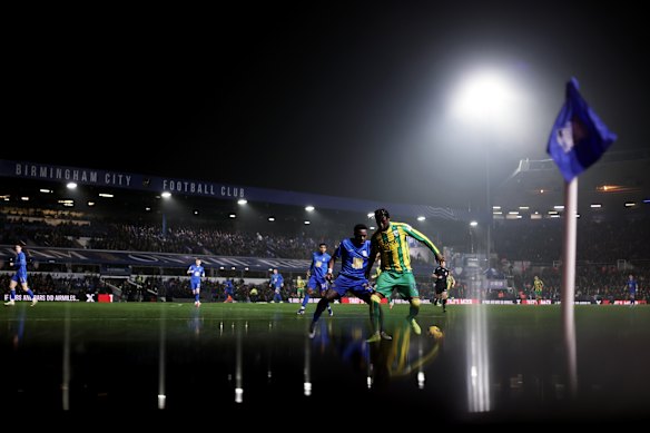 Jamaldeen Jimoh-Aloba of West Bromwich Albion is challenged by Bright Osayi-Samuel of Birmingham City during the Sky Bet Championship match between Birmingham City and West Bromwich Albion at St Andrew’s at Knighthead Park in Birmingham, England.