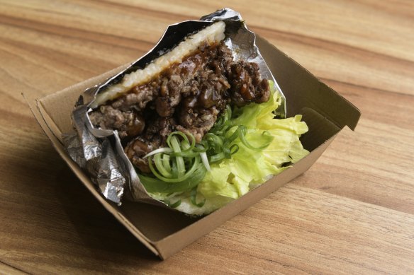 Southern wagyu barbecue bulgogi kim bab burger. 