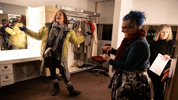 Angela Hogan prepares in her dressing room as Frugola 