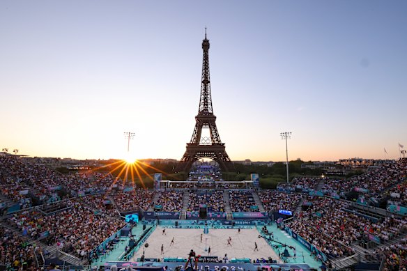 The Eiffel tower at sunset during a Women’s Round of 16 match between Brazil and Japan.