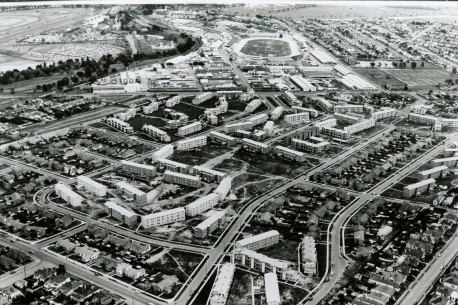 An aerial view of the Ascot Vale housing estate, the showgrounds, and the surrounding suburb, taken in 1947.